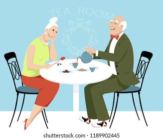 Elderly couple on a date having tea in a cafe, EPS 8 vector illustration