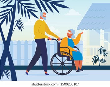 Elderly Couple on Outdoor Stroll Flat Illustration. Aged Husband and Disabled Wife, Seniors Cartoon Characters. Gray Haired Man and Woman in Wheelchair Spend Time Together. Married Pair on Fresh Air