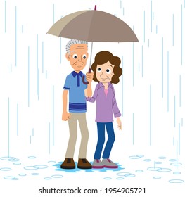 An elderly couple on a rainy day date