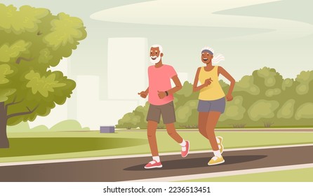 Elderly couple on a run. African American seniors running in the park, happy man and woman doing outdoor activities. Vector illustration in flat style