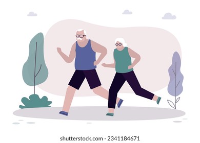 Elderly couple on a run. Happy seniors running in the park, old man and woman doing outdoor activities. Concept of active old age, sports and running. Vector illustration in flat style