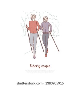 Elderly couple on stroll, fitness, sport exercise, married seniors pair outdoor recreation, active retirement banner