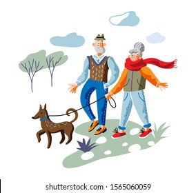 Elderly couple on stroll flat vector illustration. Old man and woman, husband and wife cartoon character. Aged pair on outdoor walk with dog in park. Fresh air recreation, happy retirement concept