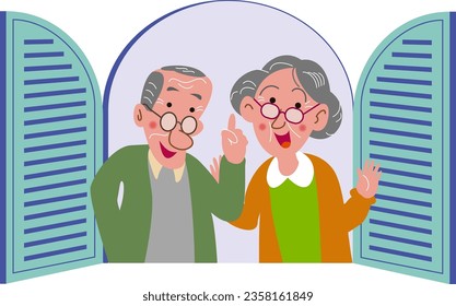 Una pareja de ancianos abriendo la ventana y regocijándose