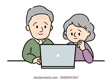 An elderly couple operating a computer with smiles on their faces.