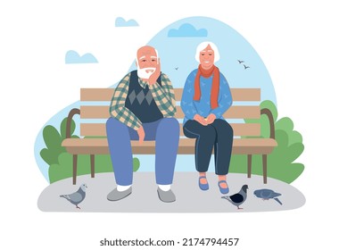 Elderly couple at park. Grandparents sitting on park bench. Family on romantic date, husband and wife feeding pigeons. Seniors on walk in summer or spring season. Cartoon flat vector illustration