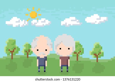 Elderly couple in the park Icon, Pixel 8 bit style 