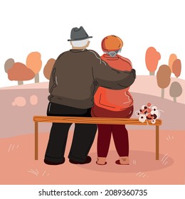 Elderly couple park. Seniors grandfather grandmother sitting on bench old family looking at the landscape .Dating the elderly. Vector illustration in modern style