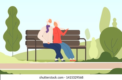 Elderly couple park. Seniors happy grandfather grandmother sitting on bench old family in summer nature city park vector concept