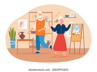 Elderly Couple Is Participating In Painting And Pottery Class Together. Concept Of Old People Living Full Life And Attending Art Class For Seniors. Flat Cartoon Vector Illustration