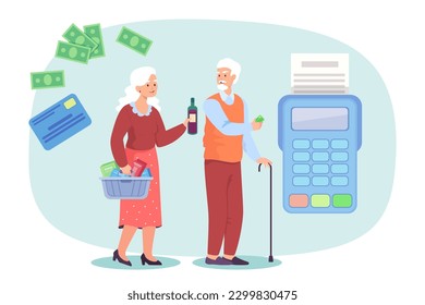 Elderly couple paying for groceries with credit card. Senior man and woman, cash and big credit card reader or scanner vector illustration. Finances, shopping, payment, old age concept