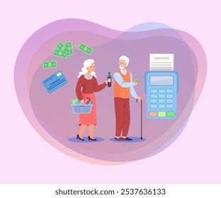 Elderly couple paying for groceries with credit card. Senior man and woman, cash and big credit card reader or scanner vector illustration. Finances, shopping, payment, old age concept