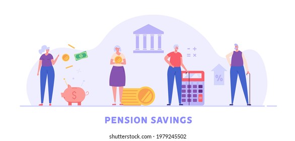 Elderly couple, pensioners are standing next to a calculator, piggy bank and coins. Concept of pension savings, insurance pension, pension  fund, investments. Vector illustration in flat design