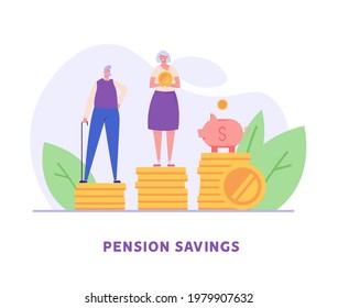 Pareja anciana, pensionistas están parados al lado de un banco de cerdos y monedas. Concepto de ahorro en pensiones, pensiones de seguro, pensiones de capitalización, inversiones. Ilustración vectorial en diseño plano