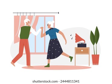 Pareja de ancianos bailando. Tiempo libre de la gente mayor, Ilustración vectorial activa de la caricatura de la vida del retiro