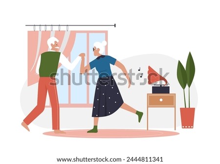 Elderly couple people dancing. Senior people leisure time, active retirement life cartoon vector illustration