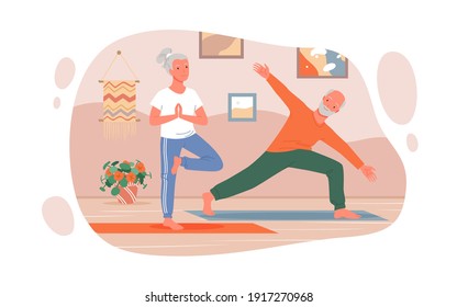 Elderly Couple People Do Yoga Exercises Vector Illustration. Cartoon Happy Man Woman Senior Characters Stretching On Sport Fitness Workout At Home, Standing Together In Yoga Pose Isolated On White