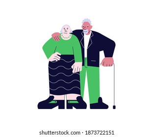 Elderly couple people standing together vector illustration. Afro Senior hugs his wife shoulders portrait