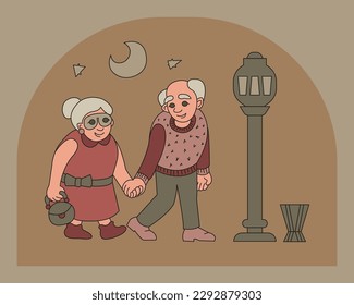 An elderly couple of people walk around the night city. Color vector illustration cartoon style.