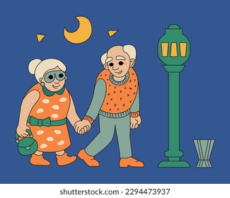 An elderly couple of people walk around the night city. Color vector illustration cartoon style.