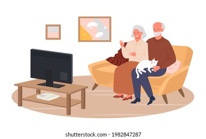 Elderly Couple People Watch Tv Movie News In Home Living Room, Sitting At Couch Together