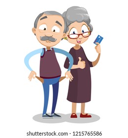 Elderly couple personage isolated on white background. Man showing empty pockets and happy woman with credit card. Retirement savings money and financial budget in old age vector illustration