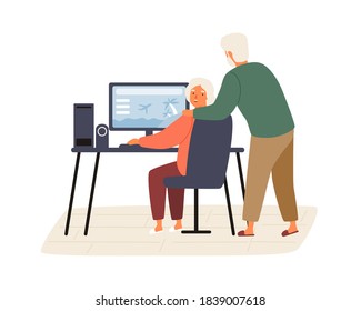 Elderly Couple Plan Vacation Trip Together. Pensioners Searching For Tour At Computer. Senior Family Looking For Flight Tickets. Flat Vector Cartoon Illustration Isolated On White