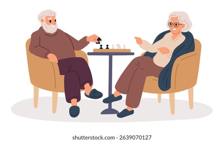 Elderly couple playing chess. Grandparents spend time together. Family at chessboard. Pensioners hobby. Retired people sitting at table with intellectual board game