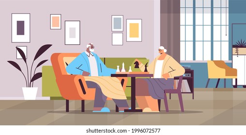 elderly couple playing chess senior man woman spending time together