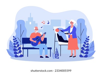 Elderly couple playing guitar and painting vector illustration. Cartoon drawing of old people doing creative activities in park. Senior life, hobby, leisure, creativity concept