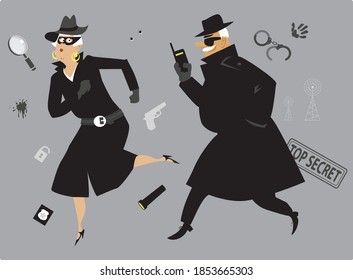 Elderly couple playing secret agents, spy tools on the background, EPS8 vector illustration