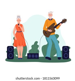 An elderly couple plays guitar and sings. The concept of active old age. Day of the elderly. Flat cartoon vector illustration.