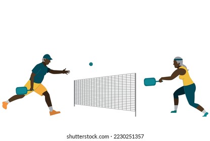 elderly couple plays pickleball. Active old people. Flat vector isolated illustration