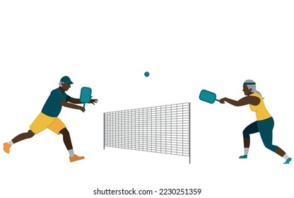 elderly couple plays pickleball. Active old people. Flat vector isolated illustration