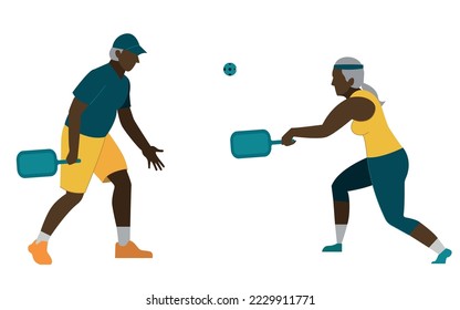 elderly couple plays pickleball vector isolated illustration. Old people do sport. Active. People of color