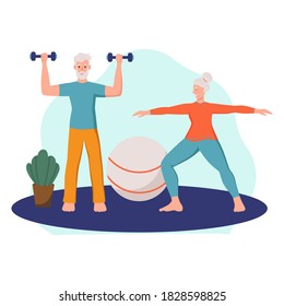 An elderly couple plays sports at home. The concept of active old age, sports, and yoga. Day of the elderly. Flat cartoon vector illustration.