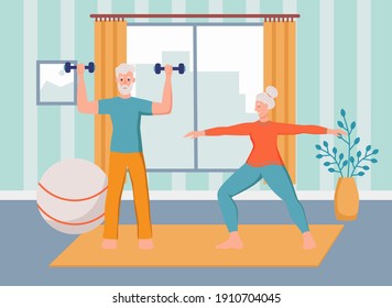 An elderly couple plays sports at home. The concept of active old age, sports, and yoga. Day of the elderly. Flat cartoon vector illustration.