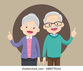 Elderly couple pointing finger up, isolated on white background,Old man and woman Finger pointing with empty space, Grandfather Grandmother standing with blank space ,Elderly care Concept.