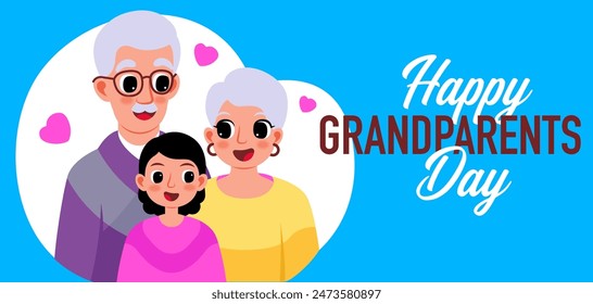 Elderly couple portrait, happy grandparents with granddaughter banner