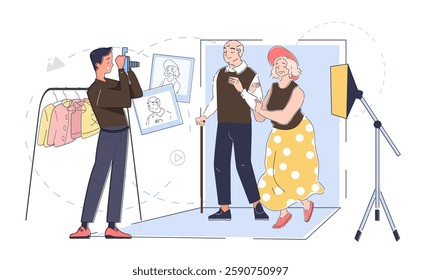 Elderly couple posing for asession, flat design style on white background. Concept of aging, love, and memories. Vector illustration