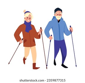 Ältere Ehepaare, die Nordic Walking trainieren mit Polen, flache Vektorgrafik einzeln auf weißem Hintergrund. Nordic Walking Sport für ältere Menschen.