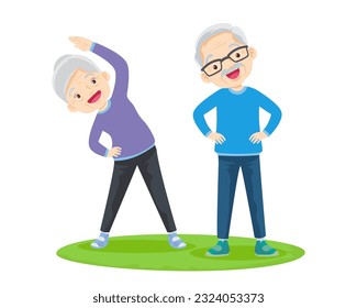 Elderly couple practicing yoga. Active Grandparents doing exercises. Sport. Morning exercises. Family enjoy sport and healthy lifestyle together Elderly couple.