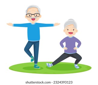 Elderly couple practicing yoga. Active Grandparents doing exercises. Sport. Morning exercises. Family enjoy sport and healthy lifestyle together Elderly couple.