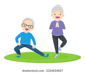 Elderly couple practicing yoga. Active Grandparents doing exercises. Sport. Morning exercises. Family enjoy sport and healthy lifestyle together Elderly couple.