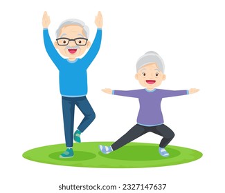 Elderly couple practicing yoga. Active Grandparents doing exercises. Sport. Morning exercises. Family enjoy sport and healthy lifestyle together Elderly couple.