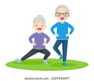 Elderly couple practicing yoga. Active Grandparents doing exercises. Sport. Morning exercises. Family enjoy sport and healthy lifestyle together Elderly couple.