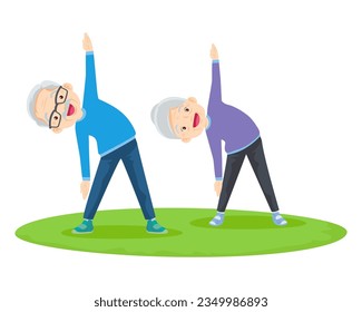 Elderly couple practicing yoga. Active Grandparents doing exercises. Sport. Morning exercises. Family enjoy sport and healthy lifestyle together Elderly couple.