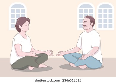 Elderly couple practicing yoga, Grandparents doing exercises, Sport, Morning exercises, Cartoon vector illustration.