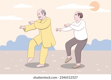 Elderly couple practicing yoga, Grandparents doing exercises, Sport, Morning exercises, Cartoon vector illustration.