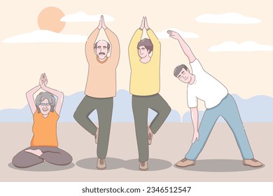 Elderly couple practicing yoga, Grandparents doing exercises, Sport, Morning exercises, Cartoon vector illustration.